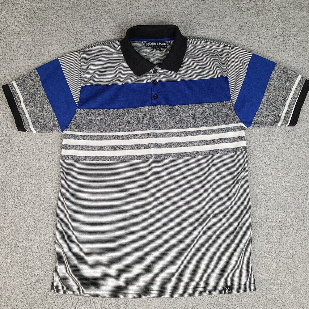 Silver Stone Collection Polo Shirt Mens Medium Gray Striped Short Sleeve‎